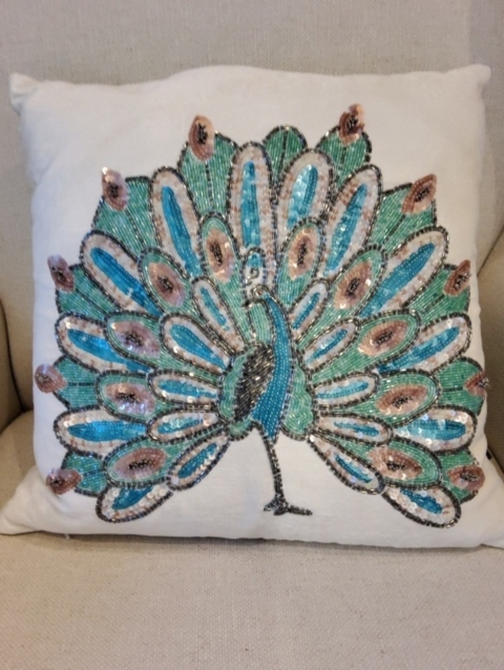 Cynthia Rowley Cream Feather Filled Sequined Peacock Accent Pillow